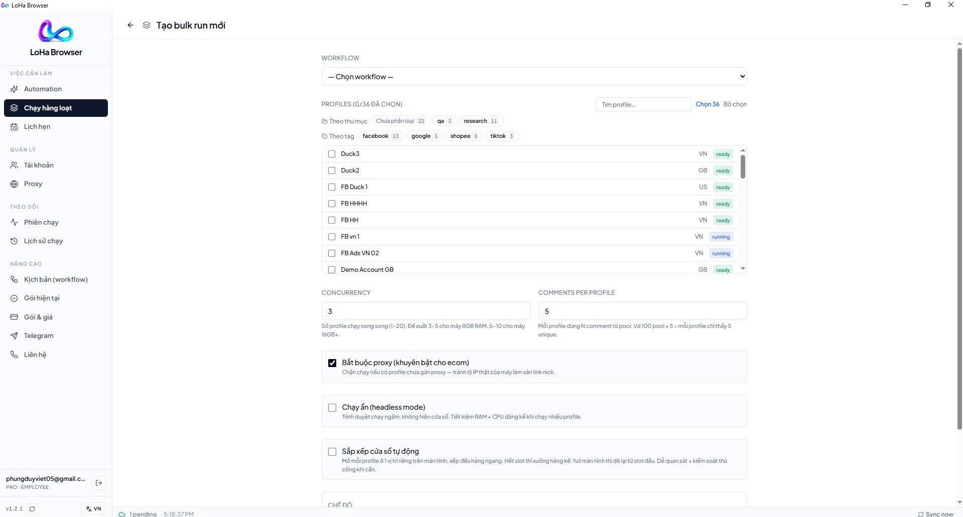 Màn Tạo bulk run: chọn workflow, danh sách profile có checkbox, số luồng và tuỳ chọn bắt buộc proxy