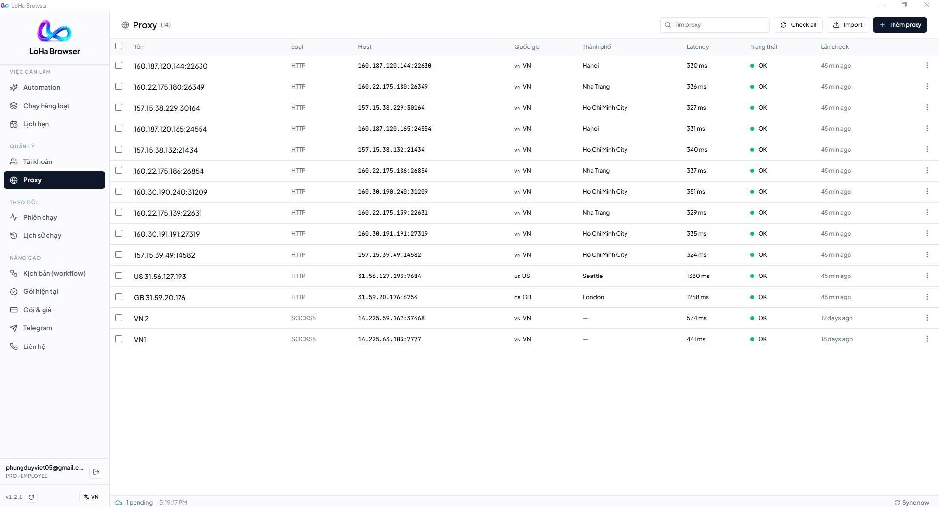 Bảng quản lý proxy: tên, host, quốc gia, độ trễ và trạng thái OK của từng proxy