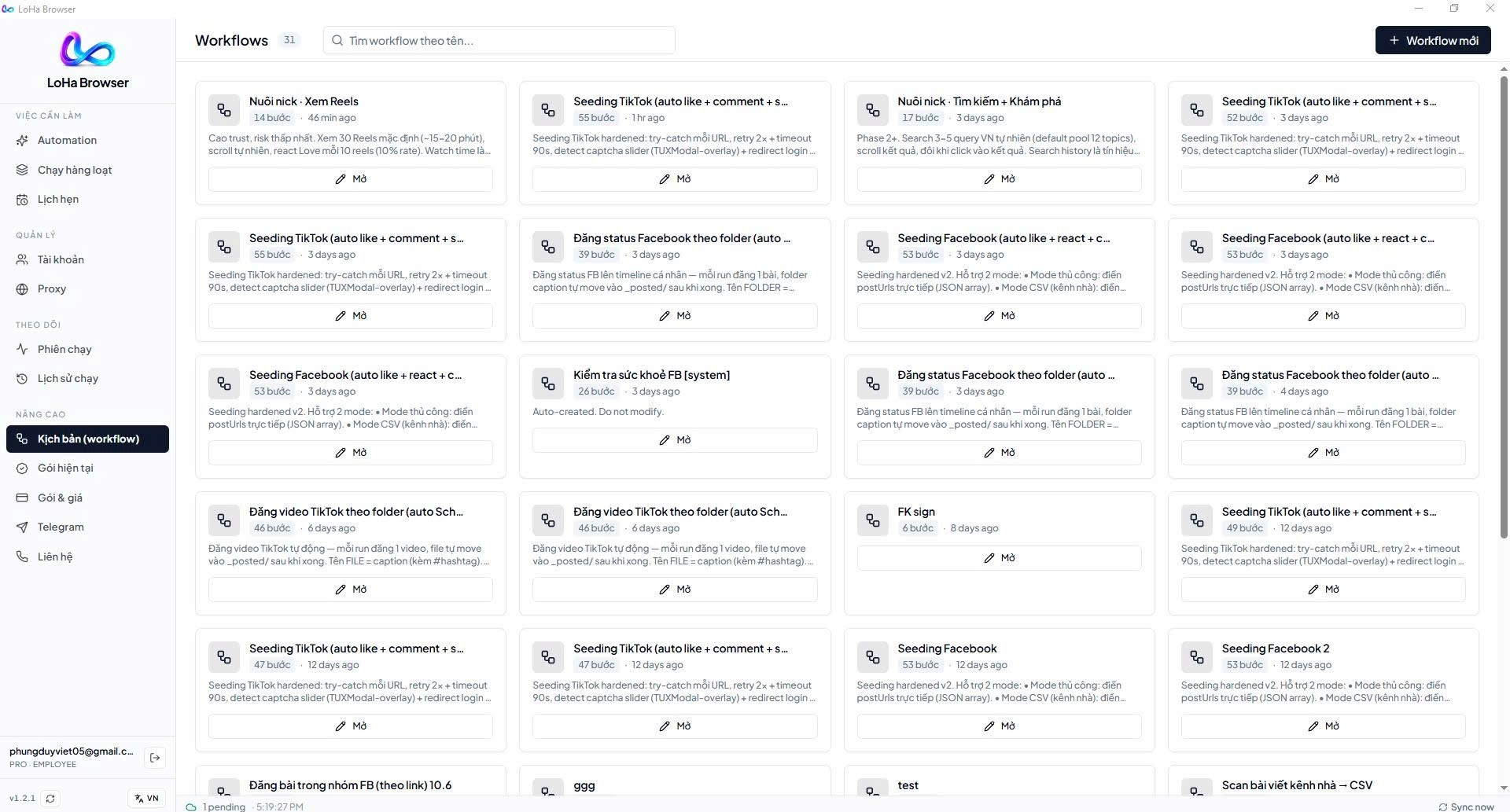 Thư viện workflow: các thẻ kịch bản kèm số bước, nút Mở để chỉnh và nút Workflow mới