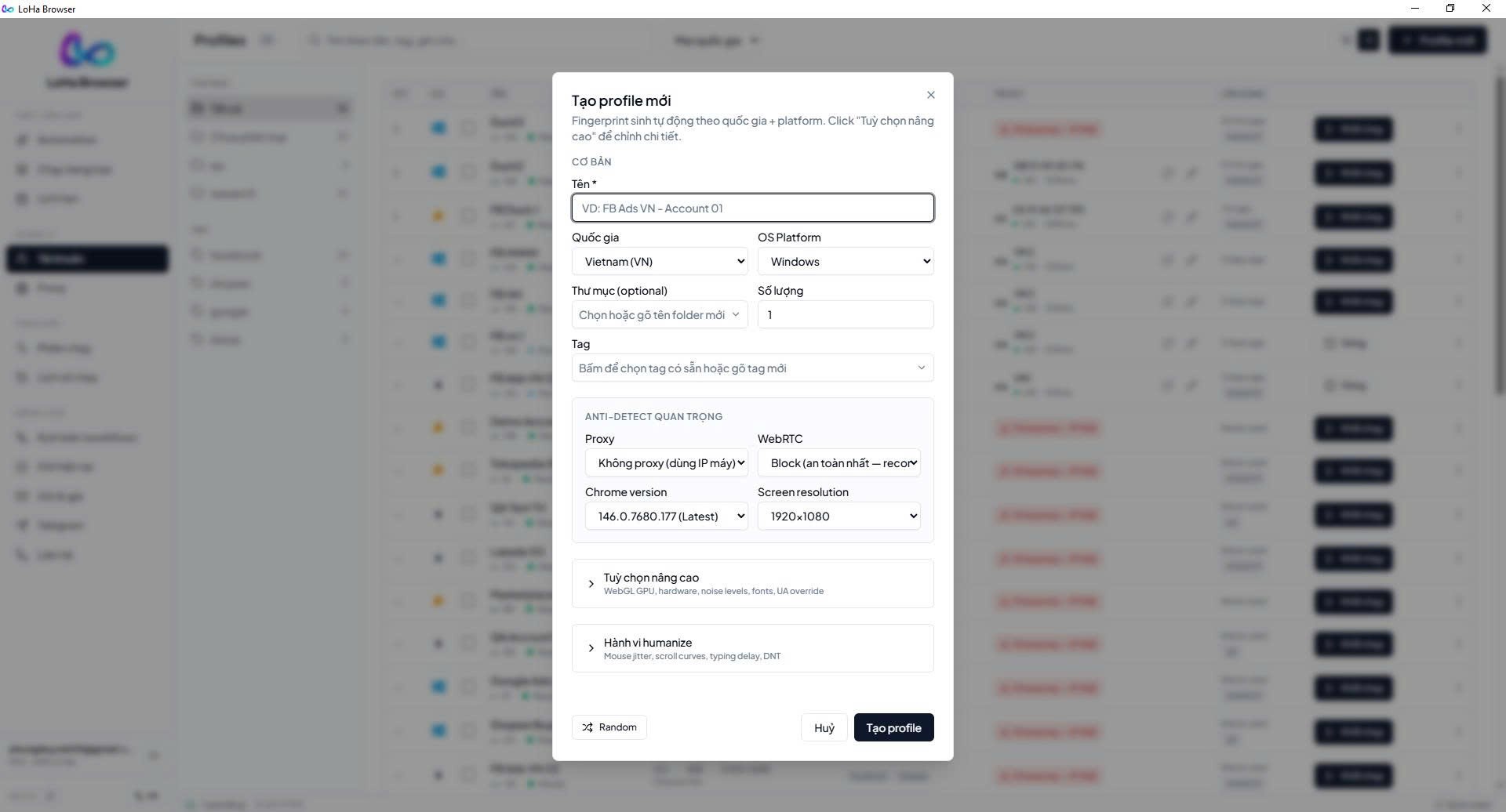Hộp thoại Tạo profile mới: tên, quốc gia, OS, proxy, WebRTC, phiên bản Chrome và độ phân giải