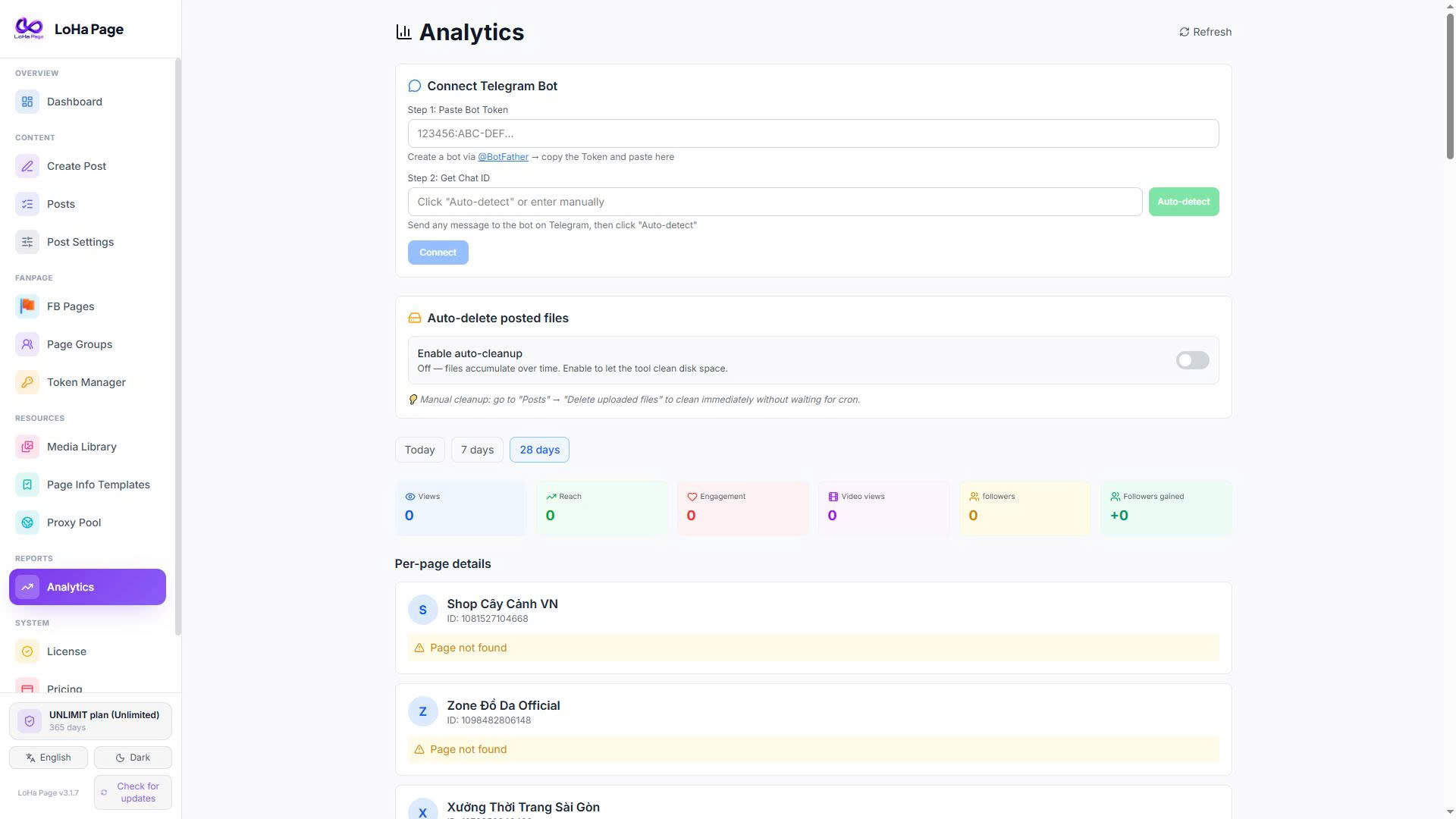 Màn Analytics — kết nối Telegram bot, chỉ số reach/tương tác/follower theo page