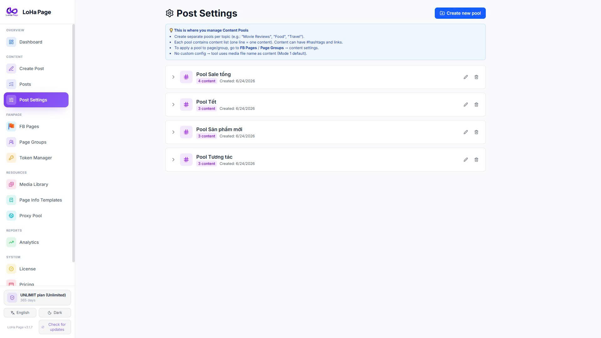 Màn Post Settings — kho Content Pool chống trùng nội dung