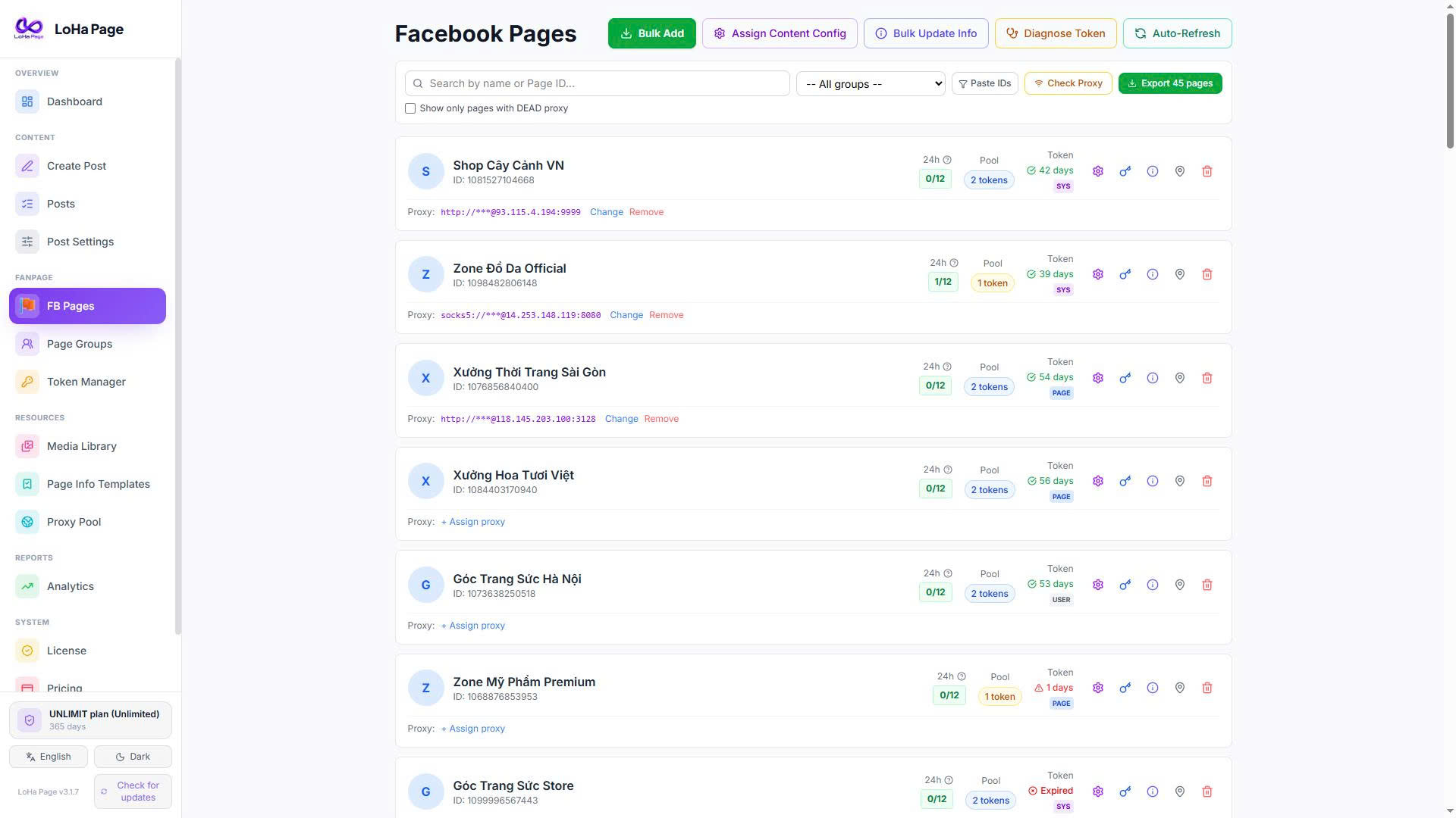 Màn Facebook Pages — danh sách fanpage kèm token và proxy