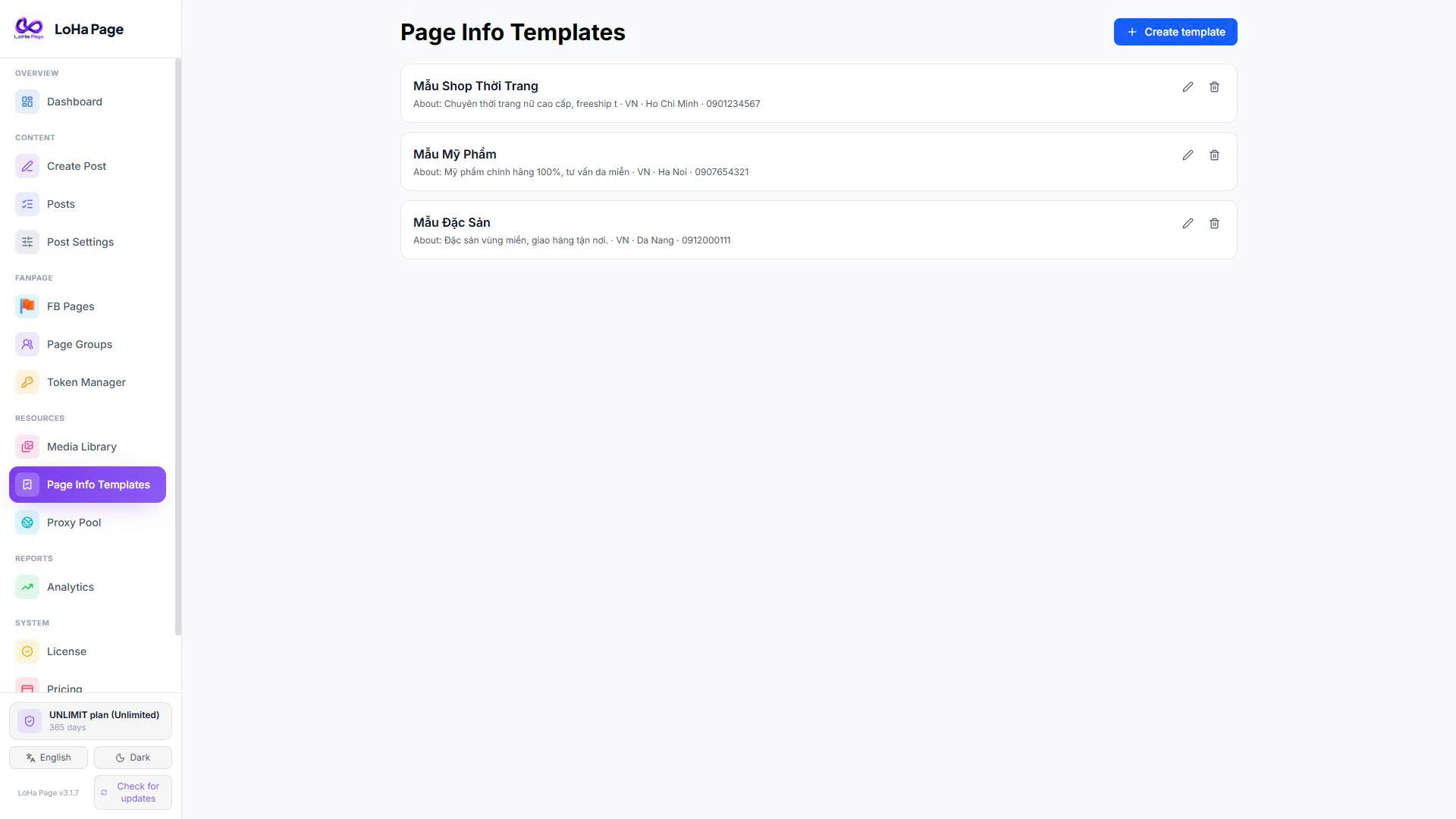 Màn Page Info Templates — mẫu thông tin theo ngành (giới thiệu, địa chỉ, liên hệ)