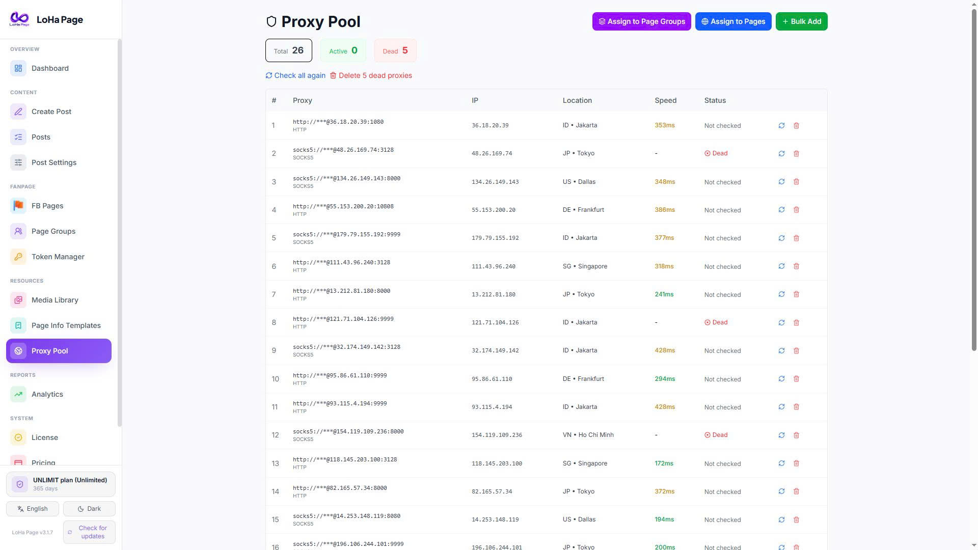 Màn Proxy Pool — kho proxy gán cho page hoặc nhóm