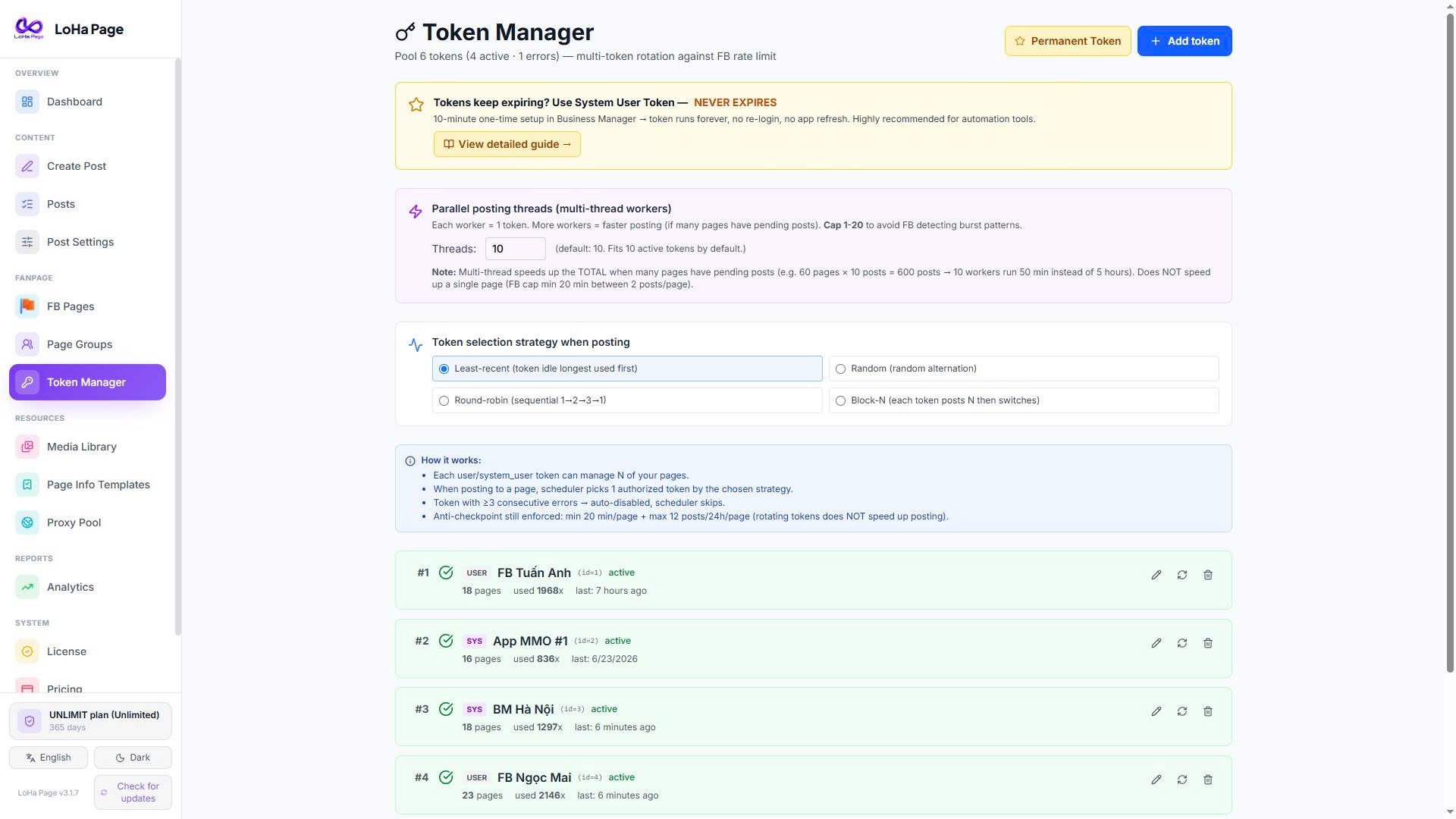 Màn Token Manager — xoay token nhiều tài khoản chống rate-limit
