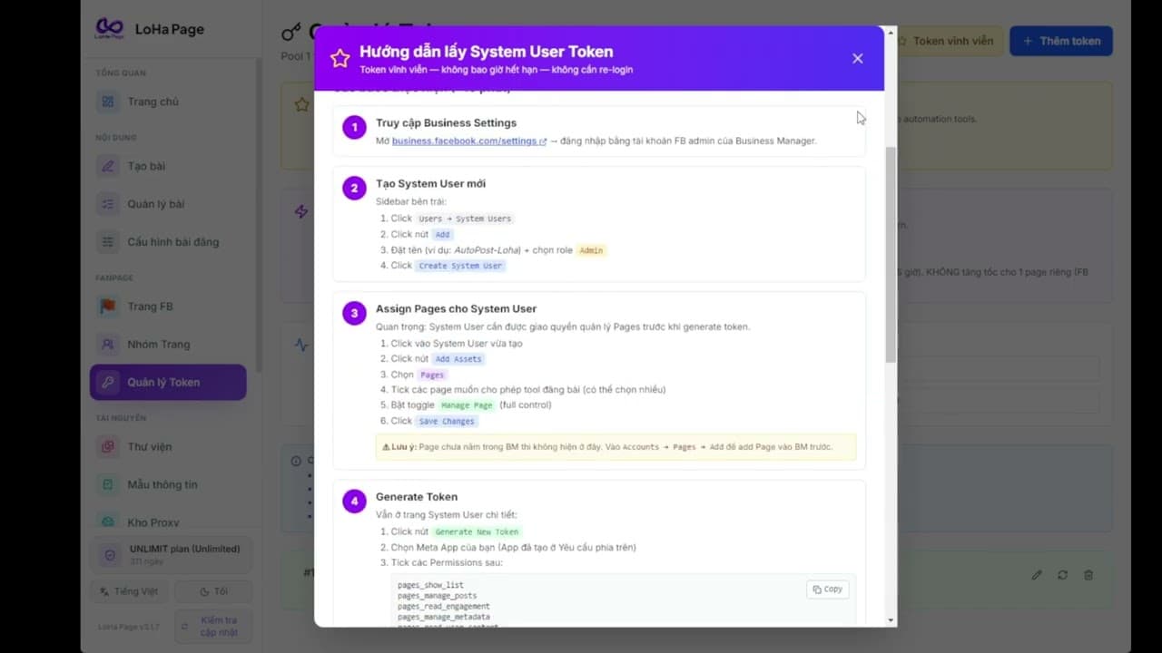 Quản lý token đăng bài số lượng lớn tự động bằng LoHa Page